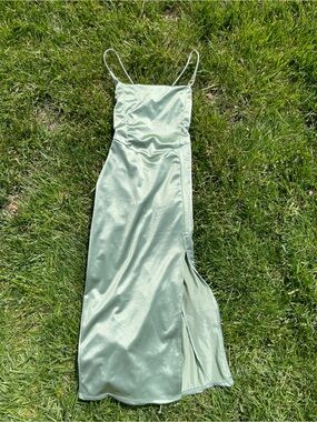 Coquette Fairycore Sage Satin Lace Up Back Thigh High Slit Midi Dress